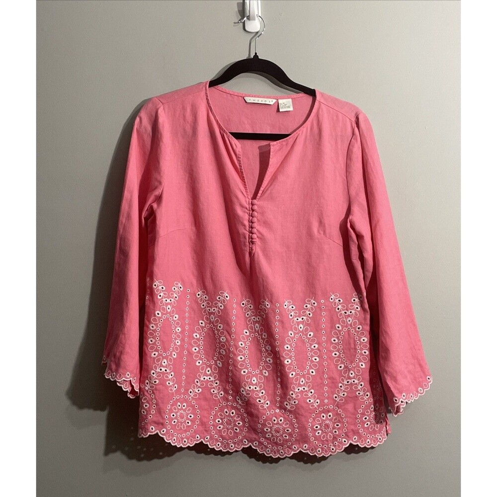 Tweeds Pink Linen Top Women’s Medium Long Sleeve Lightweight Blouse